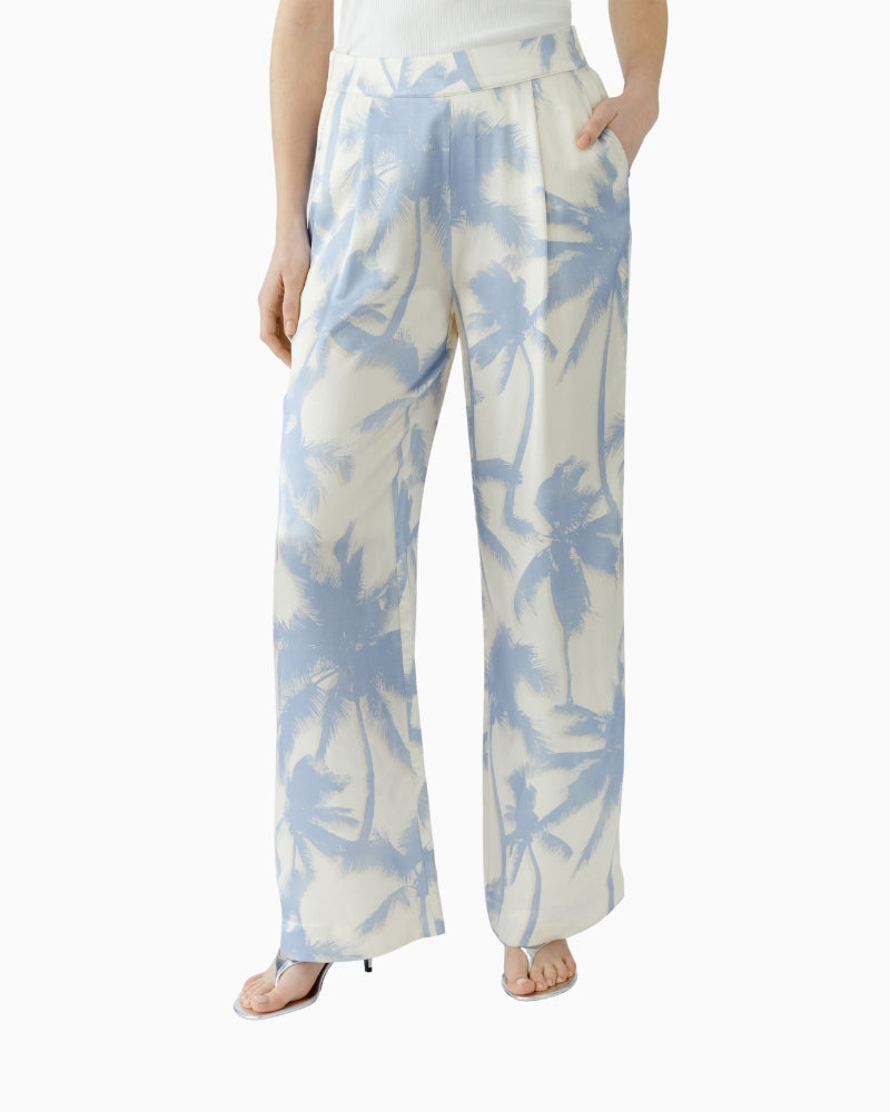 Front view of Oui white blue palazzo trousers in lightweight viscose satin