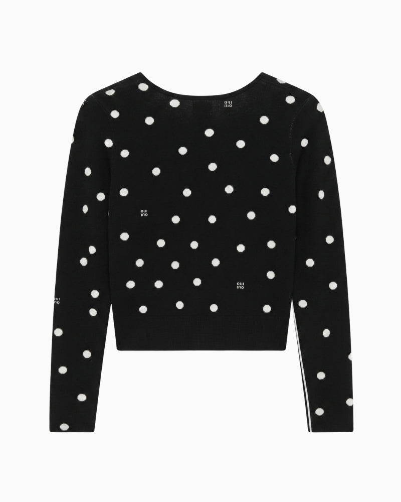 Oui Polka V-Neck Cropped Cardigan in black and off white back view