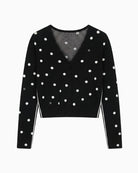 Oui Polka V-Neck Cropped Cardigan in black and off white front view