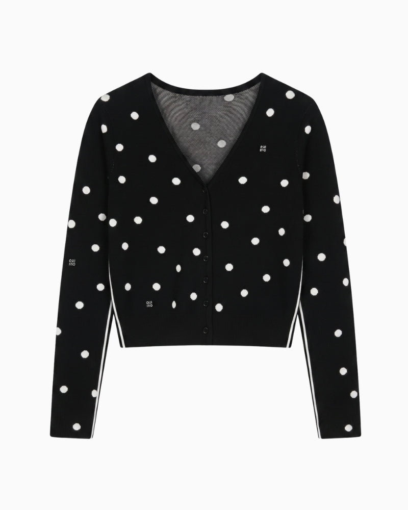 Oui Polka V-Neck Cropped Cardigan in black and off white front view