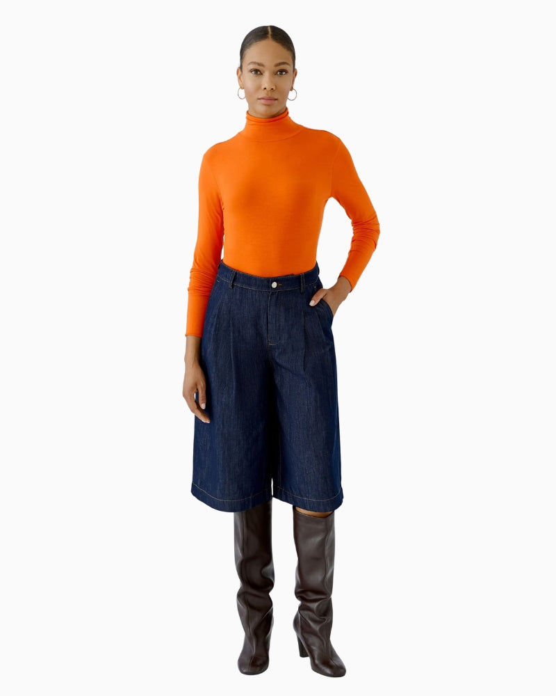 Oui Polo Neck Top in Orange worn front view