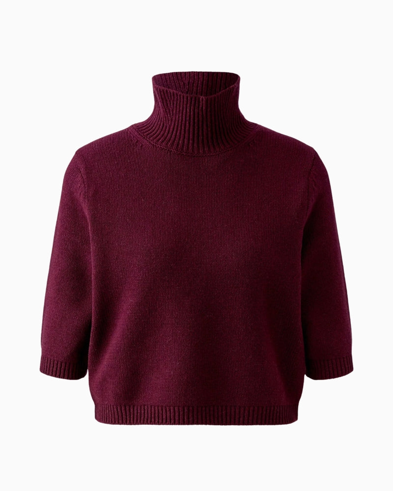 Oui Poloneck Pullover in Berry ribbed trim and sleeve detail