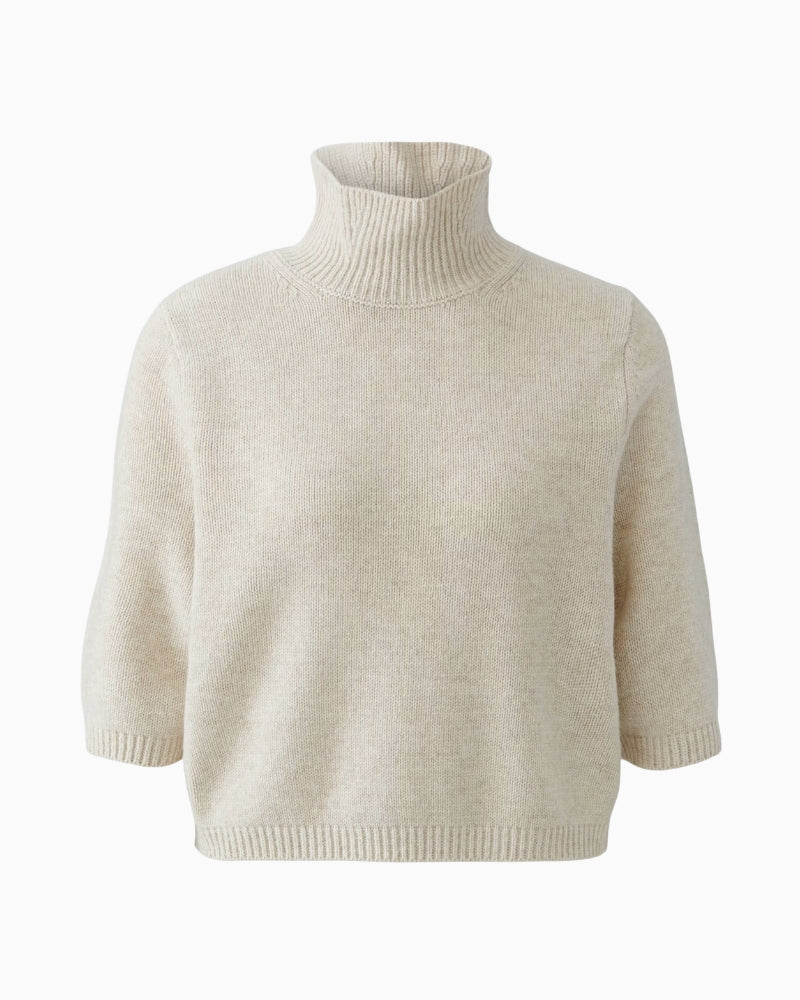 Oui Poloneck Pullover in light beige ribbed trim detail