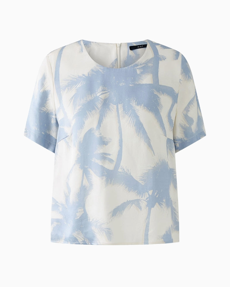 Flat lay of Oui white and blue viscose satin blouse