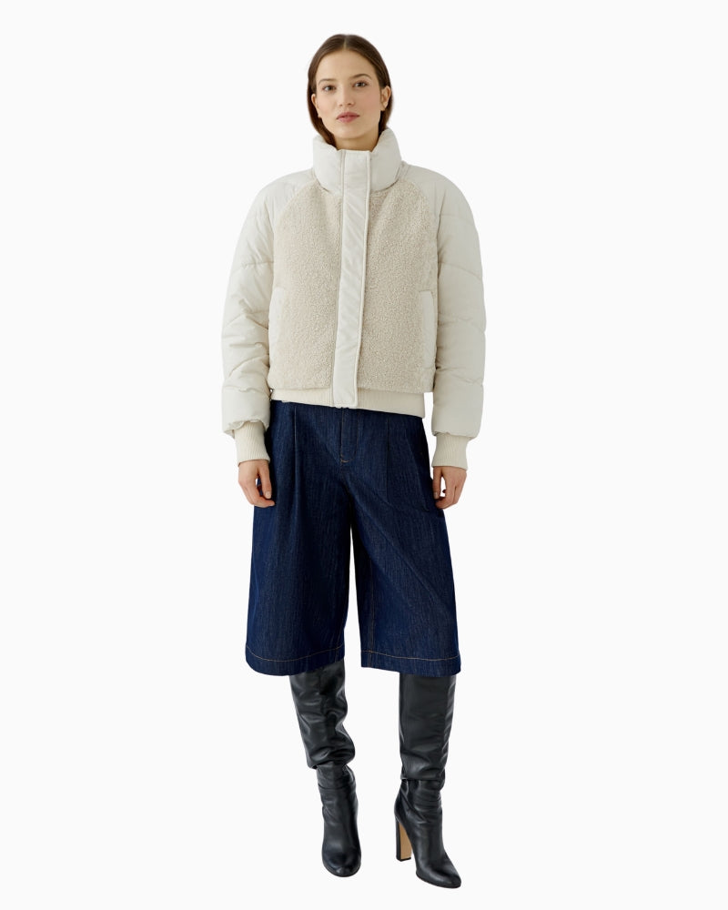 Oui Puffer Jacket in Light Beige styled in front view