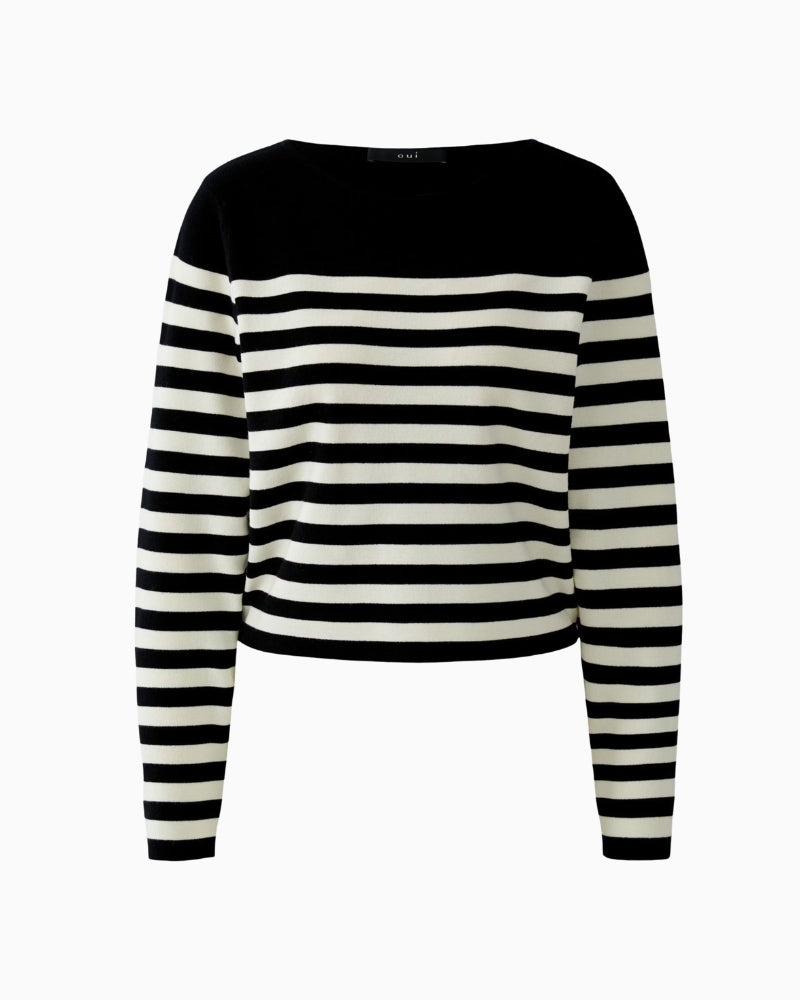 Oui Pullover in black and off-white full-length front view