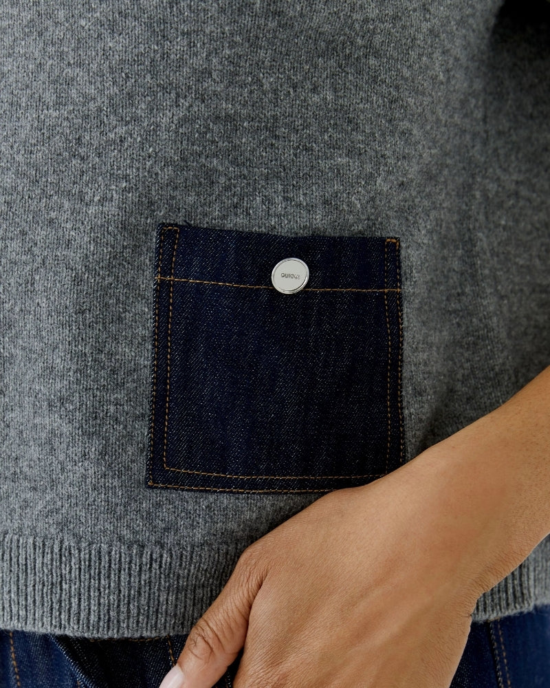 Oui Pullover in grey denim pocket detail