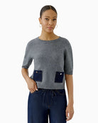 Oui Pullover in grey front view with denim pocket detail