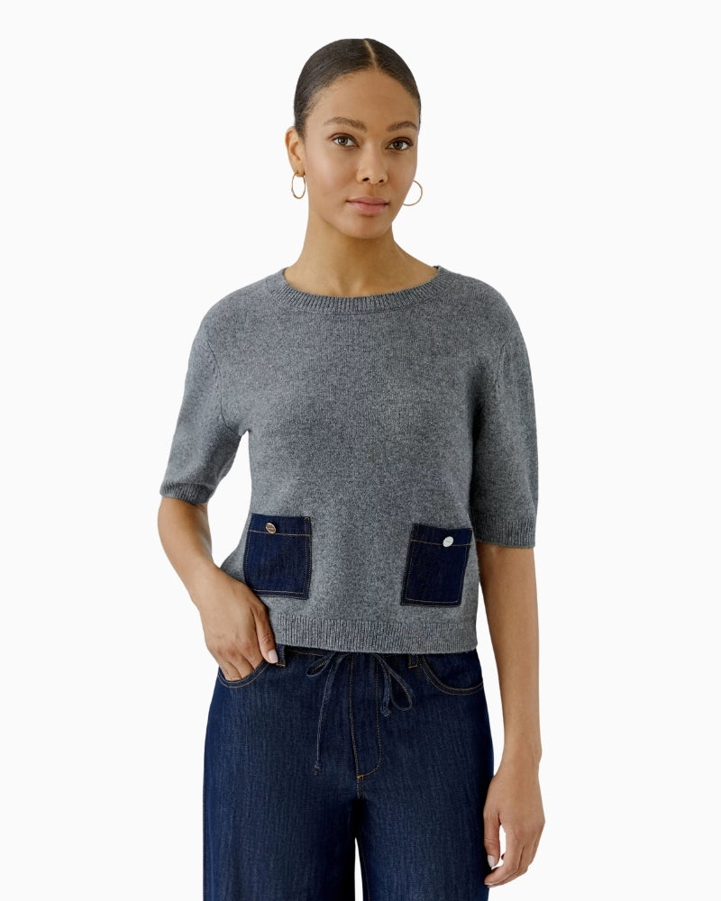Oui Pullover in grey front view with denim pocket detail