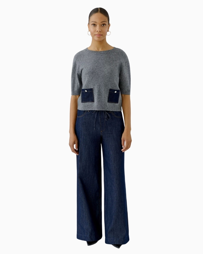 Oui Pullover in grey styled with wide-leg jeans