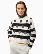 Oui Pullover in white and black striped knit detail