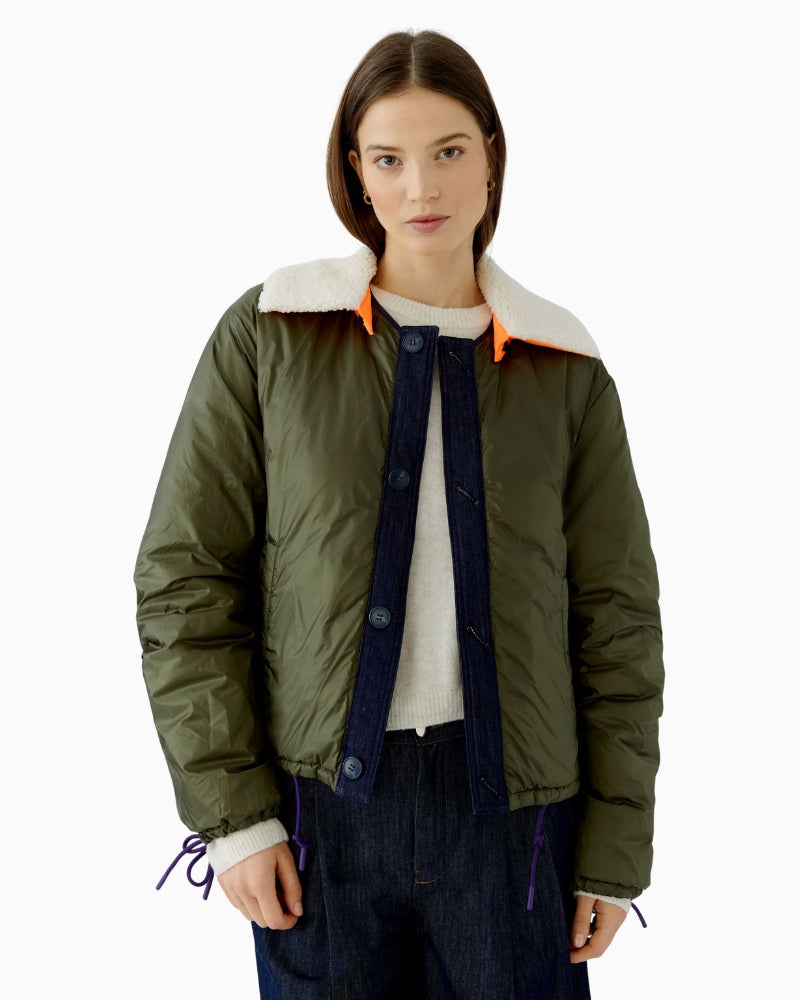 Oui Reversible Jacket in Olive reversible side front view