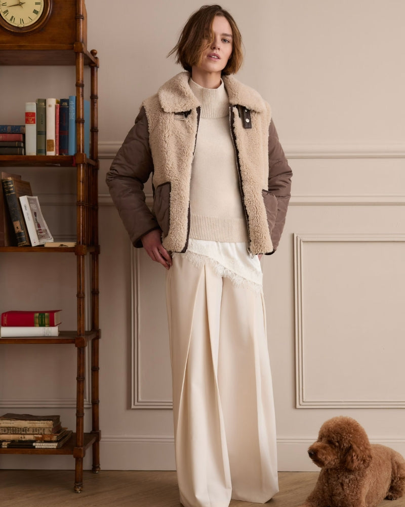 Oui Reversible Jacket in taupe teddy fabric detail
