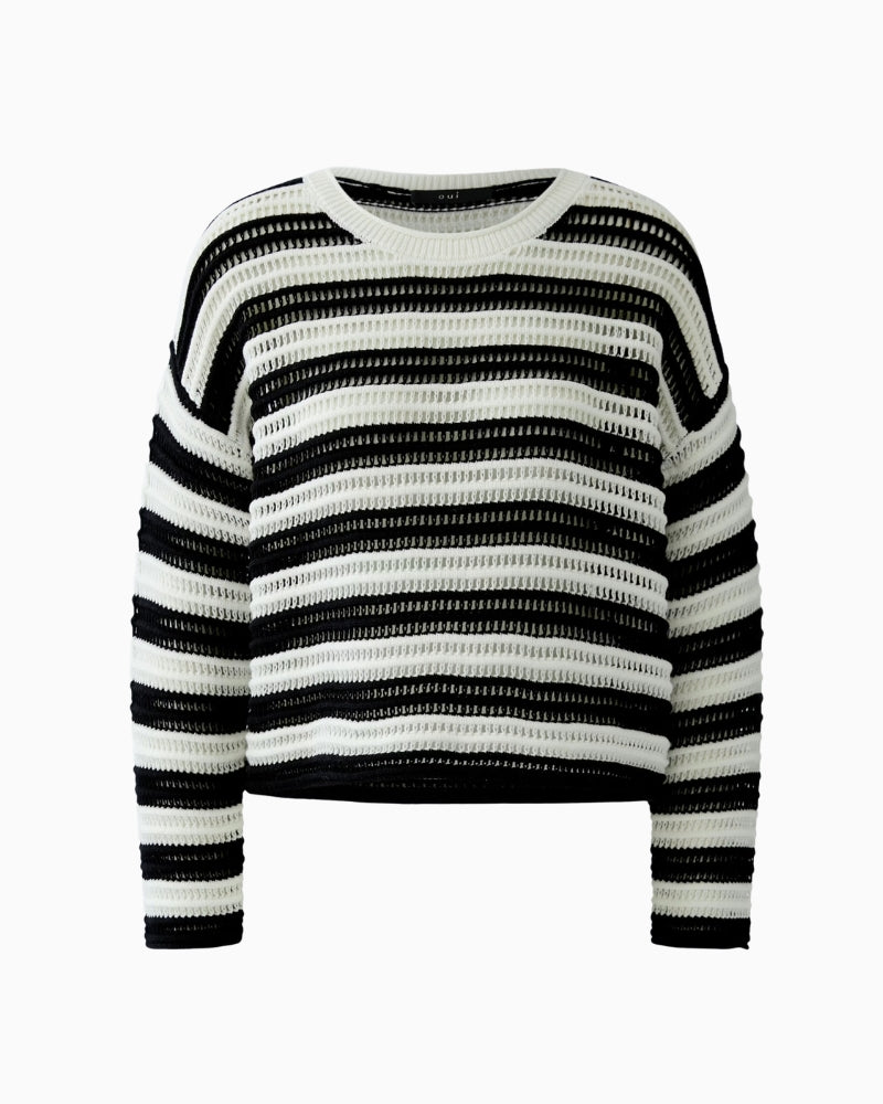 Oui Stripe Jumper in Black White neckline detail