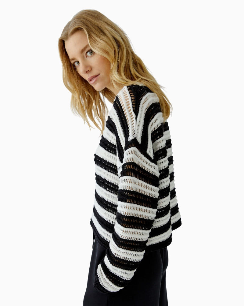Oui Stripe Jumper in Black White sleeve detail