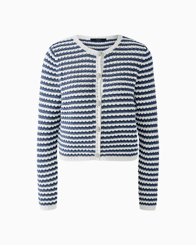 Front view of Oui white and blue striped cotton cardigan with button front