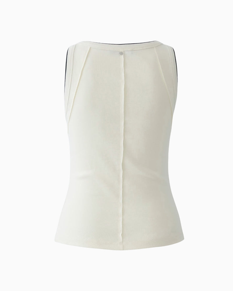 Oui Tank Top in White Black decorative stitching detail
