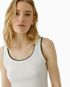 Oui Tank Top in White Black deep round neckline detail