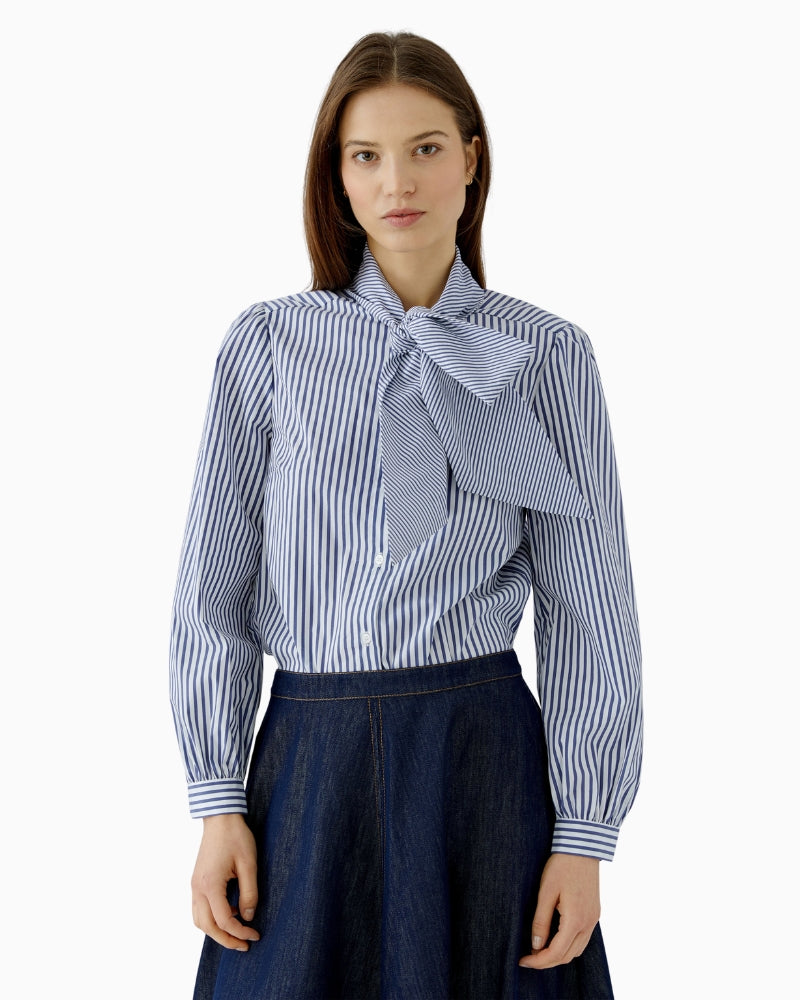 Oui Tie Neck Blouse in Blue front view