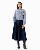 Oui Tie Neck Blouse in Blue tie styled view
