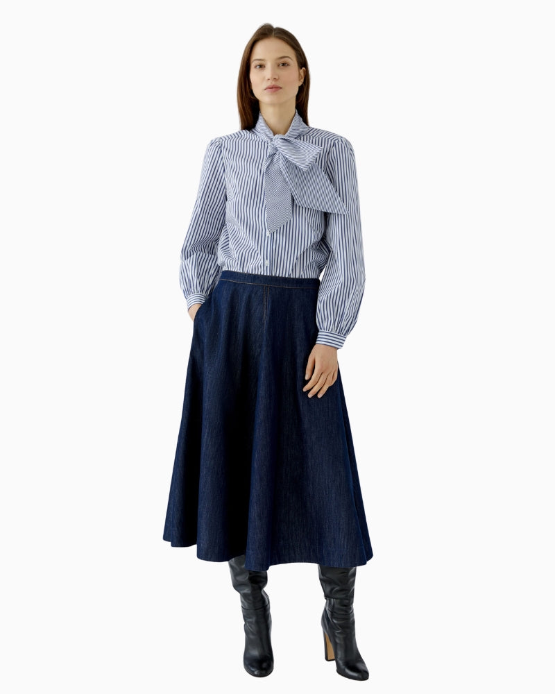 Oui Tie Neck Blouse in Blue tie styled view