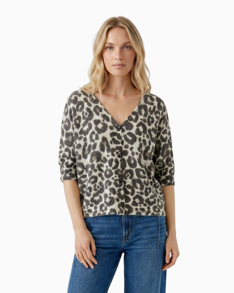 Oui V-Neck Cardigan in Leopard front view