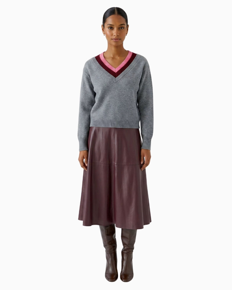 Oui V-Neck Jumper in grey multicolour layered detail