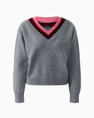 Oui V-Neck Jumper in grey ribbed cuff and hem detail