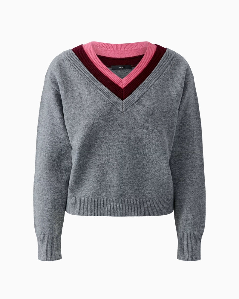 Oui V-Neck Jumper in grey ribbed cuff and hem detail