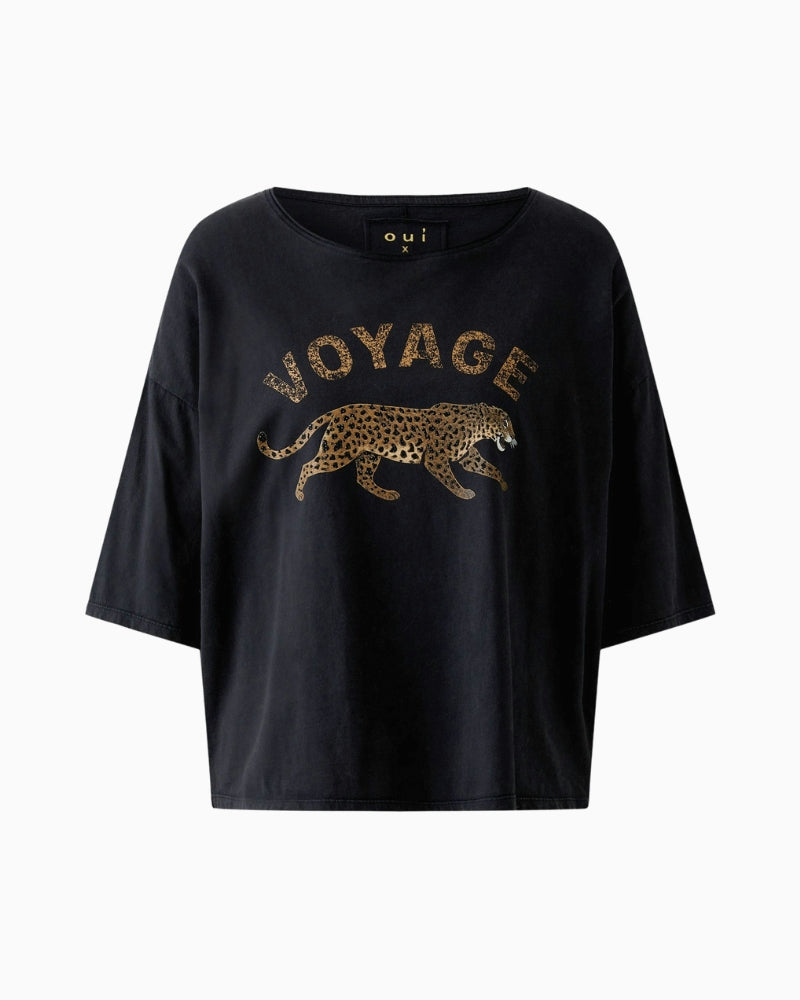 Oui Voyage T-Shirt in Washed Black fabric detail
