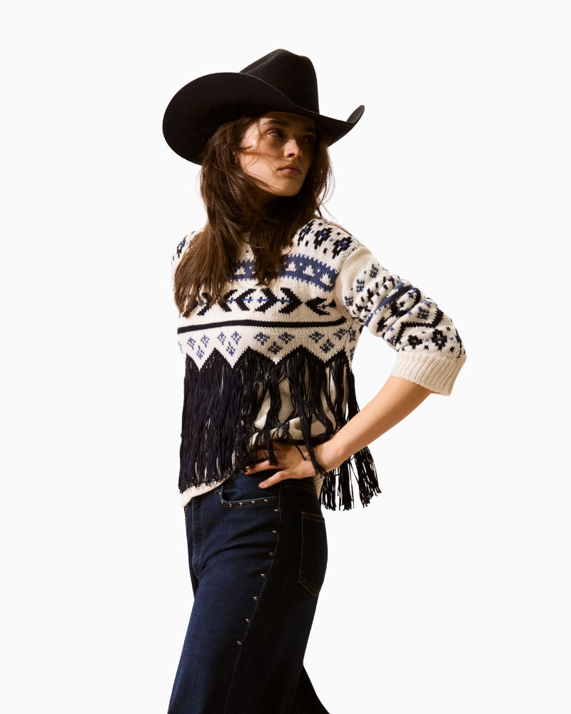 View of overcut shoulder and textured knit on upper sleeve