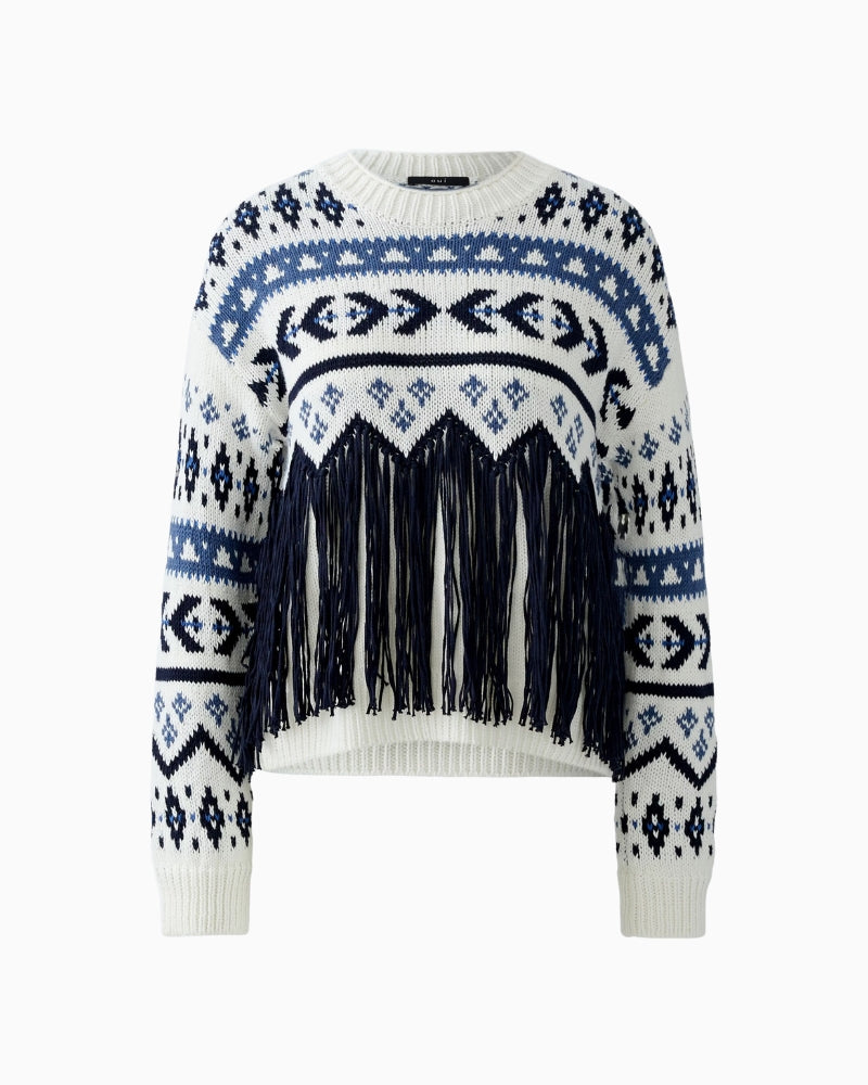 Front view of casual cotton jumper with jagged motif and long sleeves