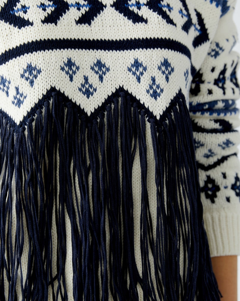 Close-up of knitted jagged pattern and soft fringe detail