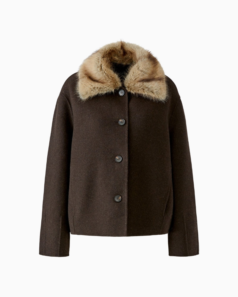 Oui Wool Jacket With Fur Collar in Brown front view
