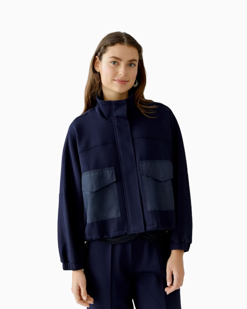 Oui navy zip up a jacket with tonal flap pockets and stand-up collar