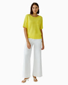 Oui cotton knit short sleeve pullover in lemon zest angled model view
