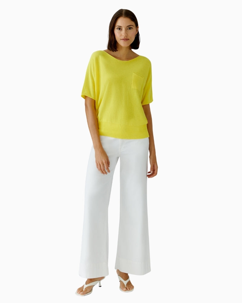 Oui cotton knit short sleeve pullover in lemon zest angled model view