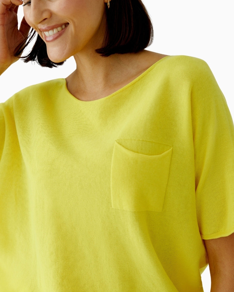 Oui cotton knit short sleeve pullover in lemon zest neck and chest pocket detail