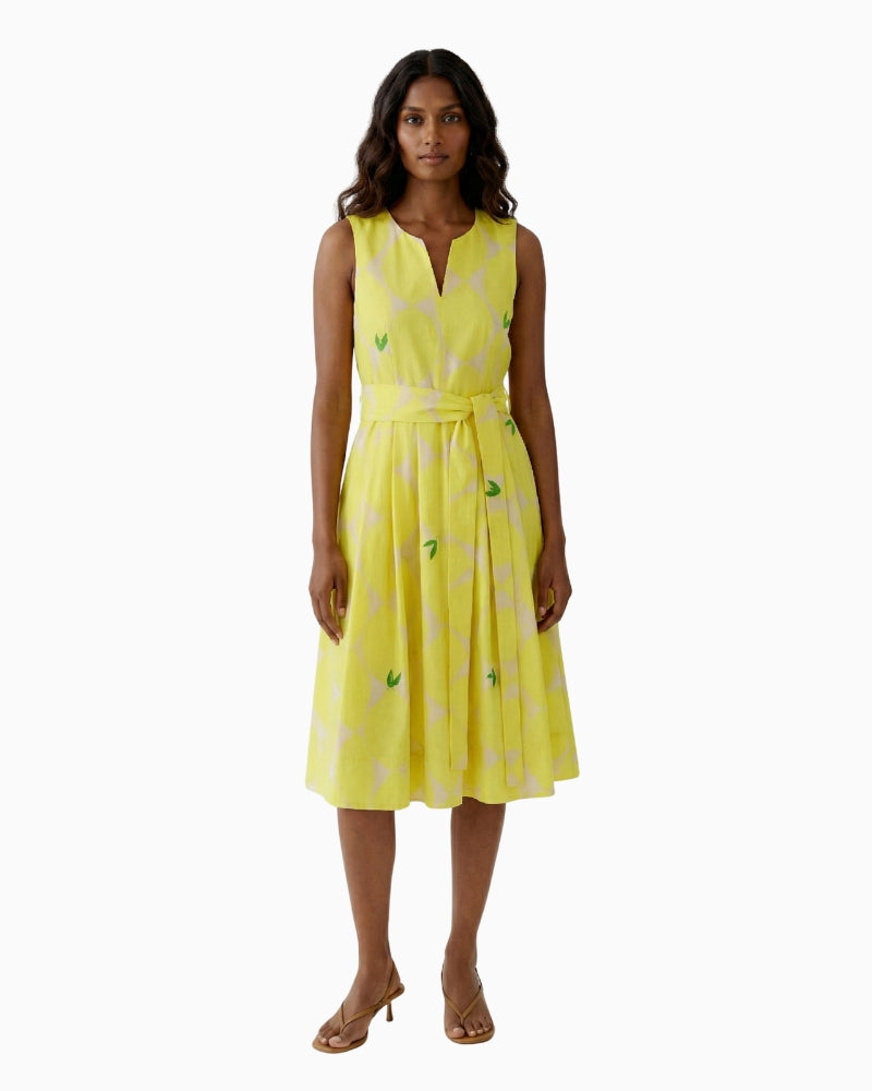 Oui cotton midi dress lemon full front view
