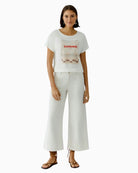 Oui flocked print T-shirt off white front view on model