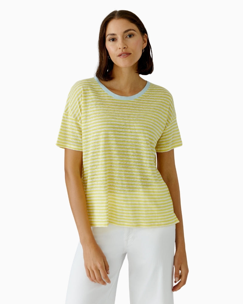Oui linen stripe t-shirt white yellow front view
