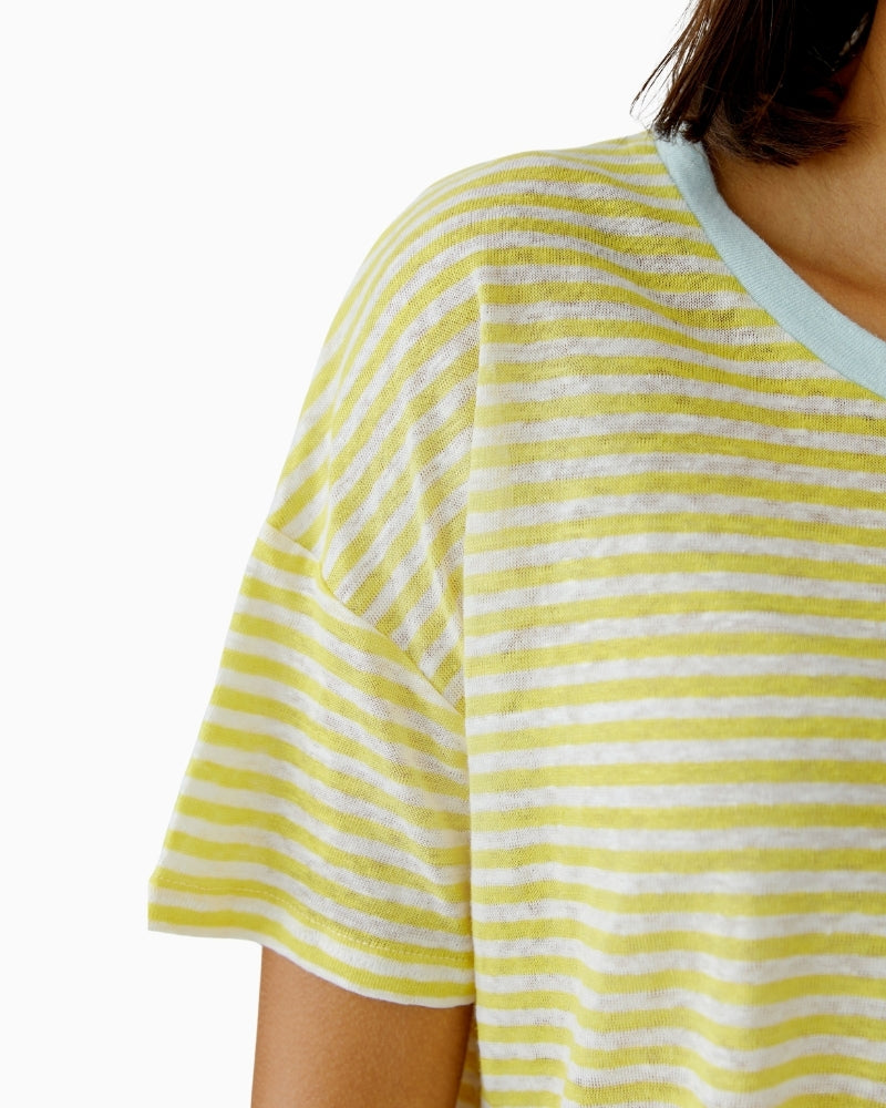 Oui linen stripe t-shirt white yellow sleeve close-up stripe detail