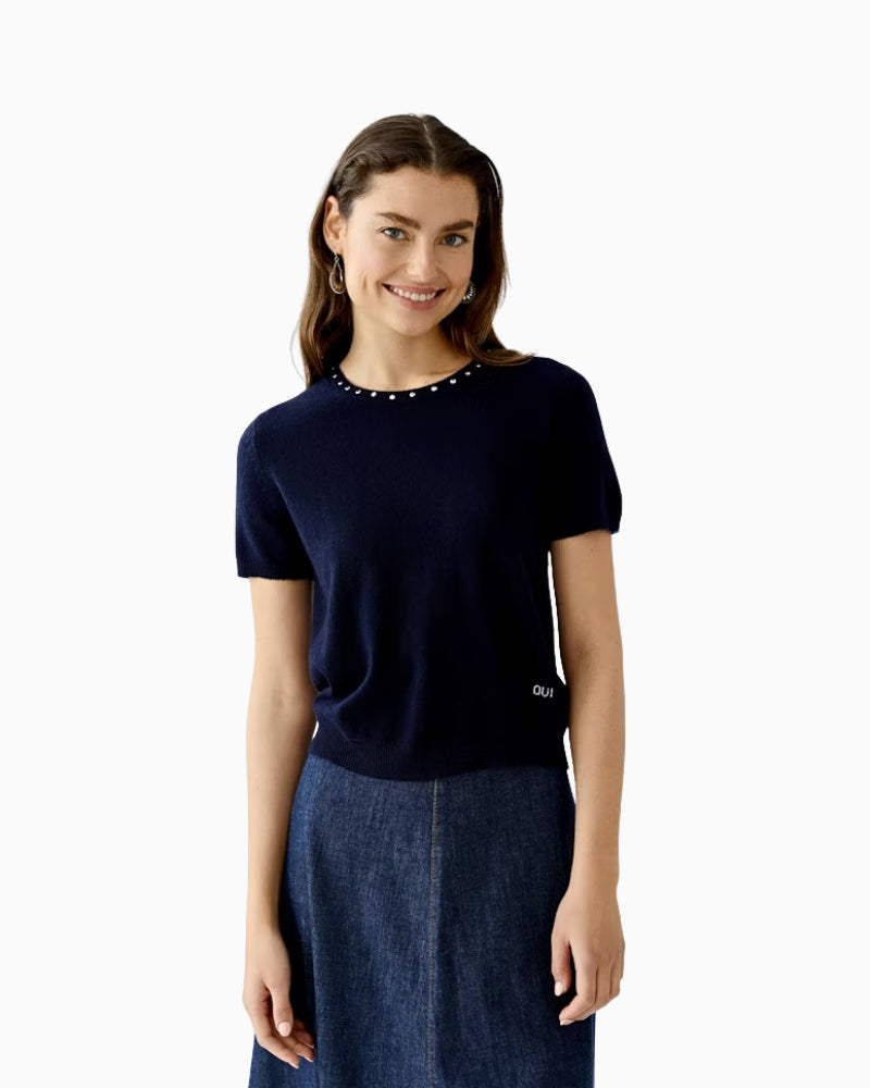 Oui navy pullover with gem-embellished round neckline