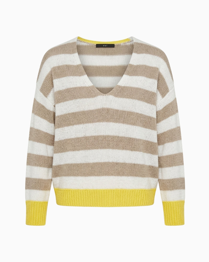 Oui oversized V-neck knit pullover in camel front view