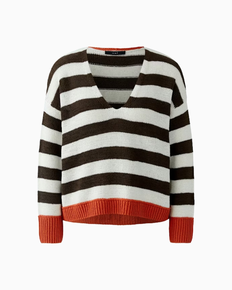 Oui oversized stripe pullover white brown flat lay front view deep V-neck