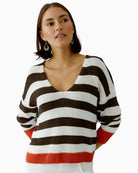 Oui oversized stripe pullover white brown front view deep V-neck