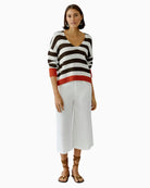 Oui oversized stripe pullover white brown front view deep V-neck full lenght on model