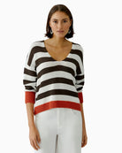 Oui oversized stripe pullover white brown front view deep V-neck on model