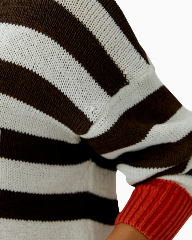 Oui oversized stripe pullover white brown stripe knit detail