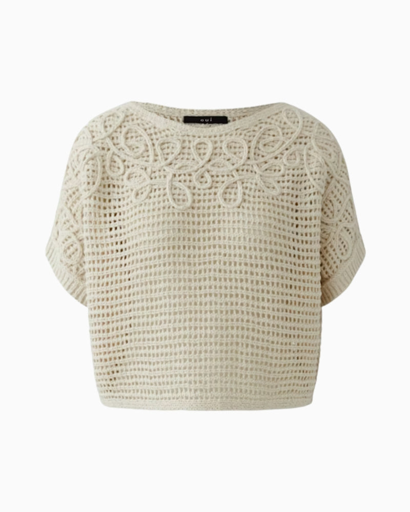 Oui pullover light beige mesh knit detail